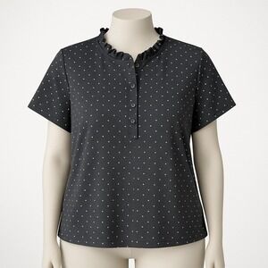 Charter Club Woman Polka Dot Ruffle Short‎ Sleeve Button Top Y2K Coquette Preppy